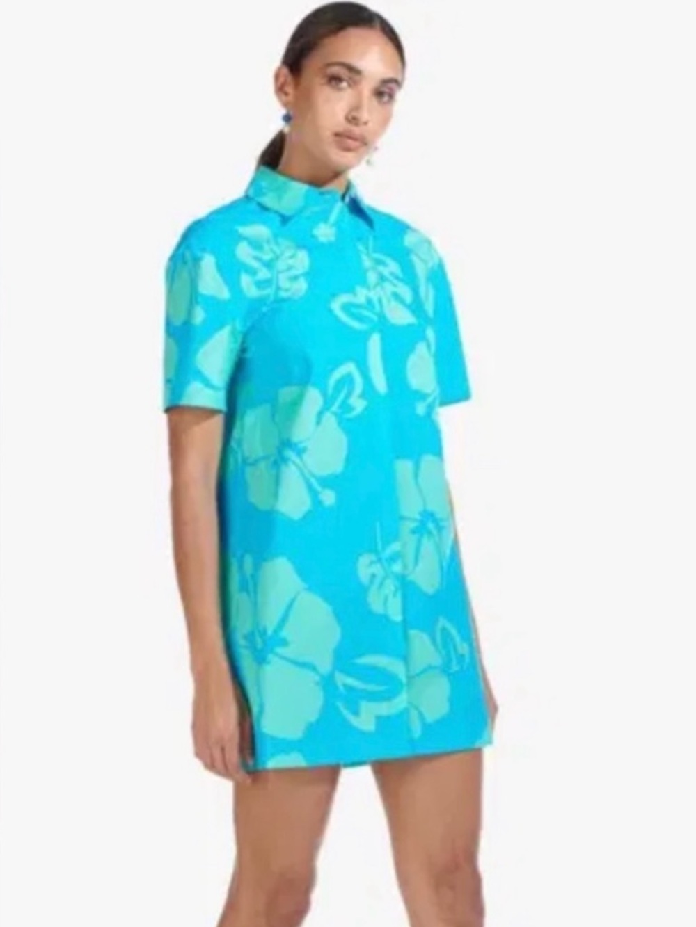 STAUD Turquoise Floral Mini Shirt Dress